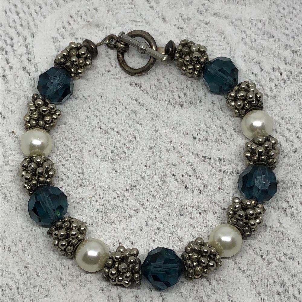 Artisan antique silver tone beaded boho style toggle clasp bracelet